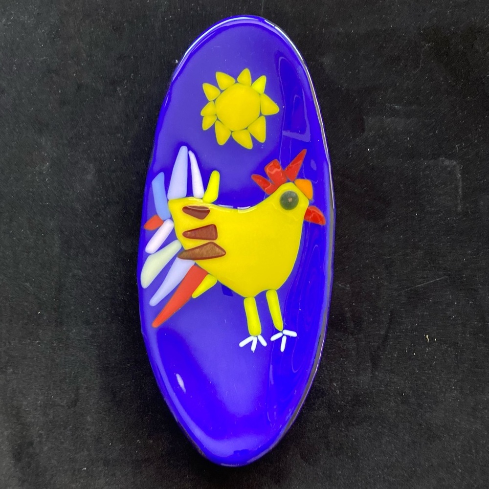 Southwest Chicken”Fused Cobalt Glass  Handmade  12” x5” Oval  Bowl original